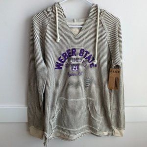Blue 84 Womens Striped Cream & Black Hoodie with Purple Weber State Graphic